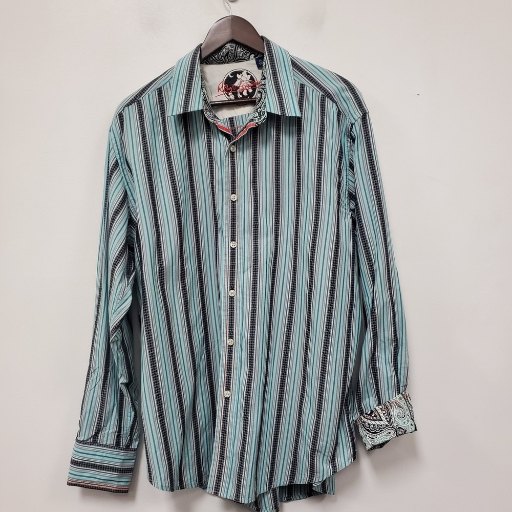 Robert Graham Mens Long Sleeve Button Up Shirt Size XL Striped Flip Cuff Blue
